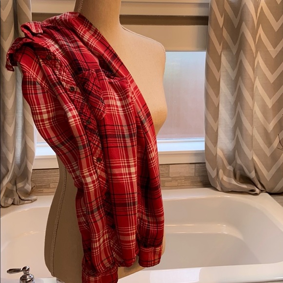 Plaid Dressy Rayon Soft Red Flannel-Look Button Down Button Front Shirt Blouse - Picture 6 of 11